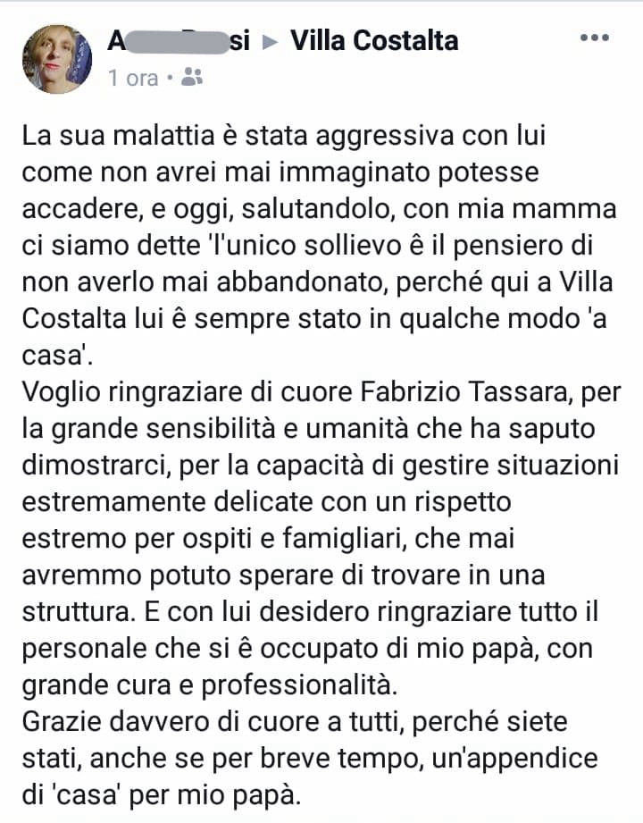 Ringraziamenti per Villa Costalta in Genova su Facebook