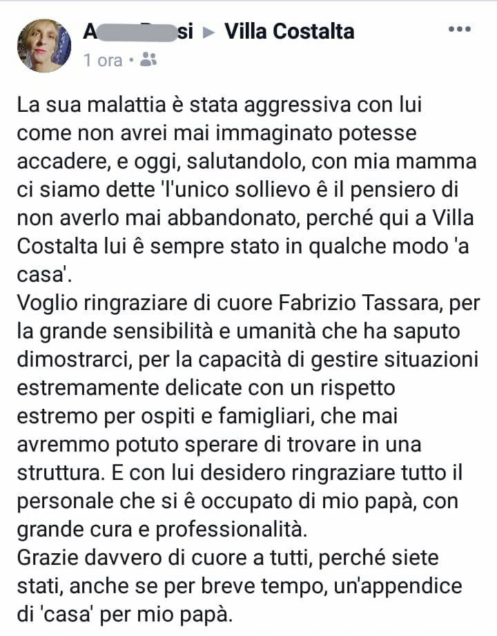 Ringraziamenti per Villa Costalta in Genova su Facebook