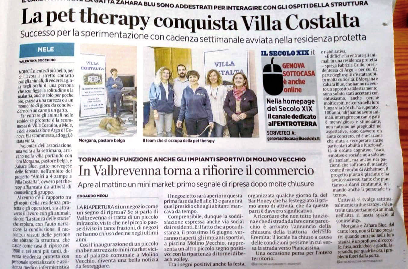 Articolo sul Secolo XIX per la presentazione della Pet Therapy al comune di Mele